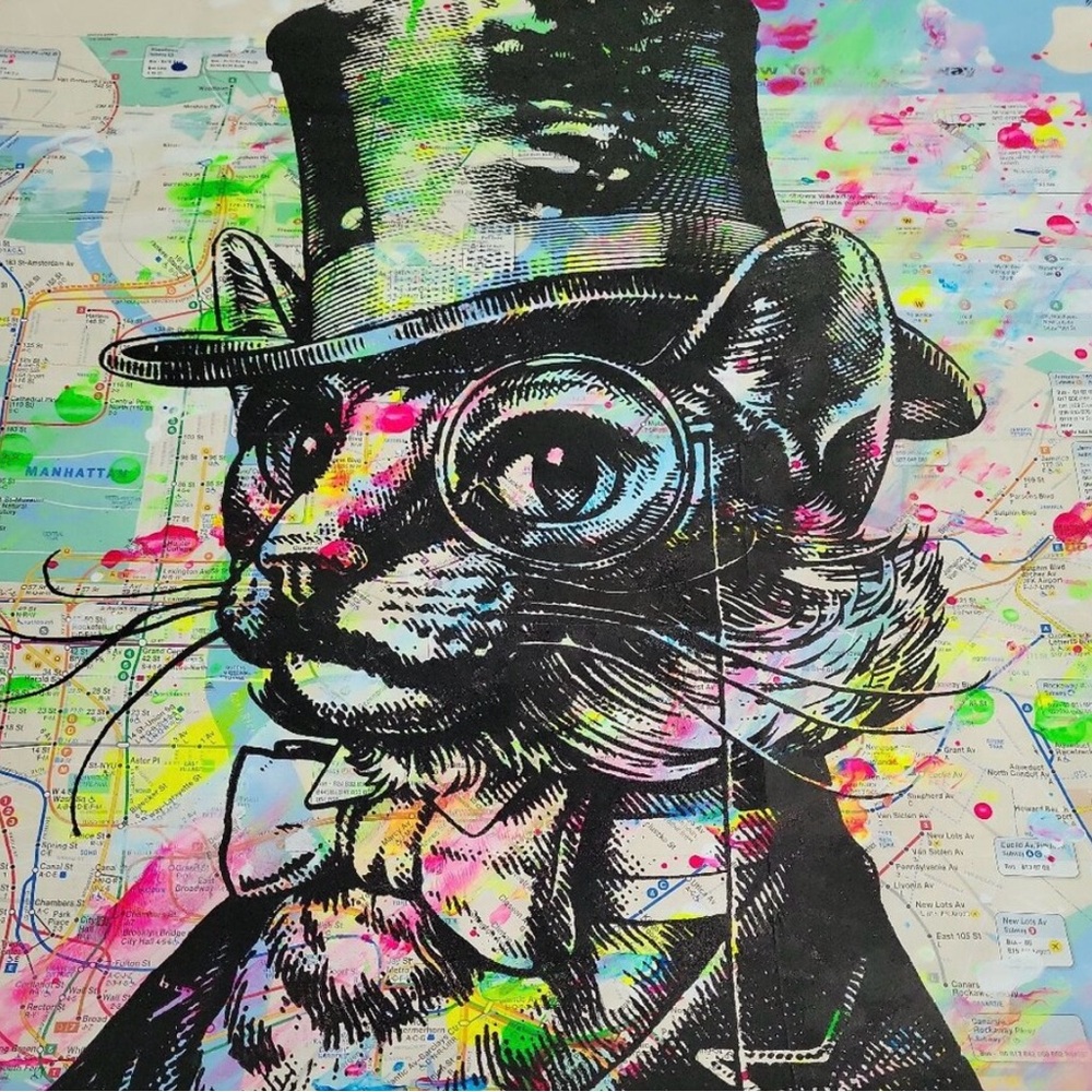Aristocat in the City CAT Handmade Acrylic Artwork on a NYC Subway Map as canvas